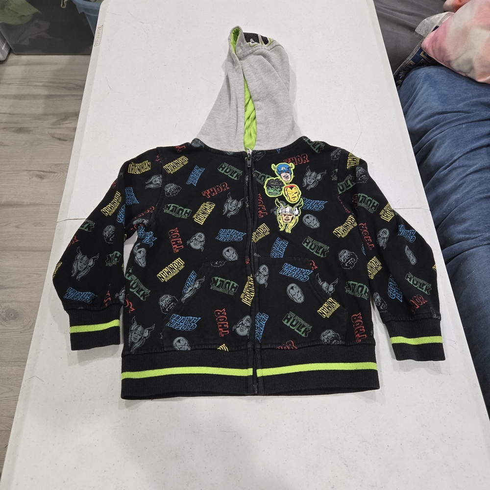 Marvel Black Hoodie with Neon Green Trim and Multicolor Logos